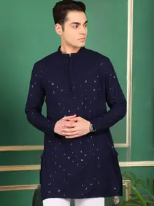 TATTVA Ethnic Motifs Embroidered Cotton Mandarin Collar Straight Kurta
