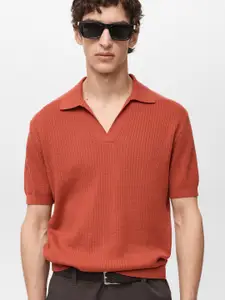 MANGO MAN Ribbed Drop-Shoulder Sleeves Pure Cotton Polo Collar T-shirt