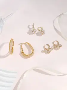 Estailo fashion Set Of 3 Alloy Gold-Plated Pearls Beaded Floral Hoop Earrings