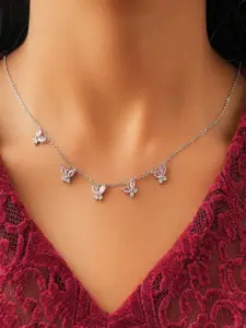AQUASTREET 18K Silver Plated Waterproof Anti-Tarnish Pink Zircon Butterfly Choker Necklace