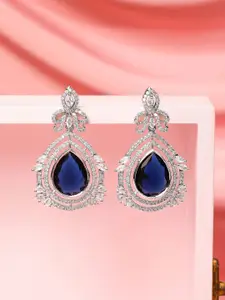 Rubans Rhodium-Plated Blue Sapphire & White Cubic Zirconia Teardrop Design Drop Earrings