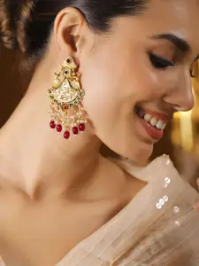Rubans 22K Gold-Plated White Kundan Studded Chandbali Earrings with Pearl & Ruby Red Beads