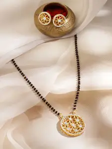 Rubans 18K Gold-Plated Cubic Zirconia Studded Floral Pendant Black Beaded Mangalsutra Set