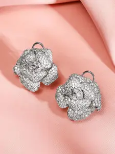 Rubans Rhodium-Plated White Cubic Zirconia Studded 3D Floral Rose Design Stud Earrings