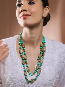 Rubans Oxidised Antique Gold-Plated Dual-Layer Tribal Necklace with Multicolor Raw Beads