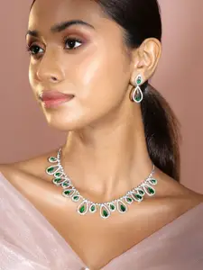Rubans Rhodium-Plated Emerald Green & White Cubic Zirconia Studded Teardrop Necklace Set