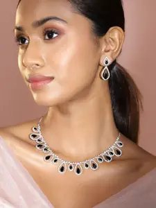 Rubans Rhodium-Plated Black AD & White Cubic Zirconia Studded Teardrop Design Necklace Set