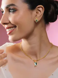 Rubans 18K Gold-Plated Green Enamel Leaf Necklace Set with Pink & White Floral Stone