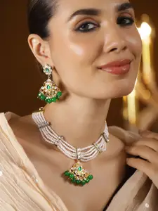 Rubans 22K Gold-Plated White Pearl Multi-Strand Necklace Set with Kundan & Emerald Beads