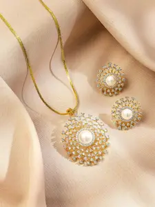 Rubans 18K Gold-Plated Pearl & White Cubic Zirconia Studded Sunburst Pendant Necklace Set