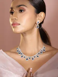 Rubans Rhodium-Plated Blue Sapphire & White Cubic Zirconia Studded Teardrop Necklace Set