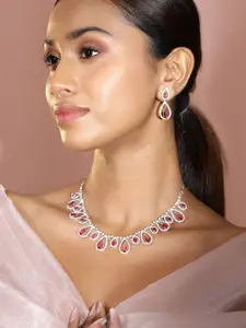 Rubans Rhodium-Plated Rose Pink & White Cubic Zirconia Studded Teardrop Necklace Set