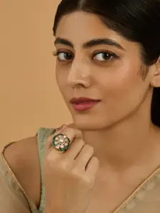 Kushal's Fashion Jewellery Green Victorian-Plated Ethnic Kundan Finger Ring