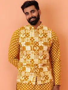 KISAH Men Mustard Printed Nehru Jacket