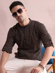 FILORI STUDIO Bandhani Printed Band Collar Cotton Short Kurta