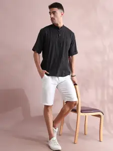 FILORI STUDIO Striped Band Collar Cotton Short Kurta