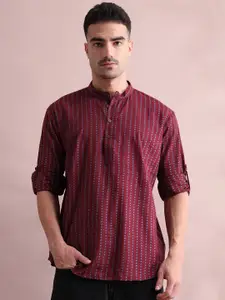 FILORI STUDIO Polka Dot Printed Band Collar Roll-Up Sleeves Pure Cotton Straight Short Kurta