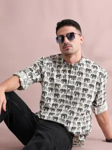 FILORI STUDIO Animal Printed Band Collar Pure Cotton Short Kurta