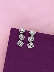 KAI JEWEL 92.5 Silver Rhodium-Plated Square Cubic Zirconia Studded Drop Earrings