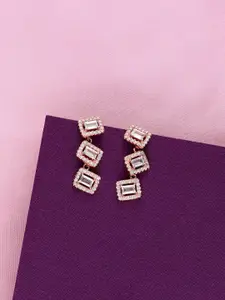 KAI JEWEL 92.5 Silver Rose Gold-Plated Square Cubic Zirconia Studded Drop Earrings