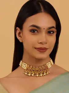 Kushal's Fashion Jewellery Gold-Plated Stone Studded & Pearls Beaded Antique Necklace