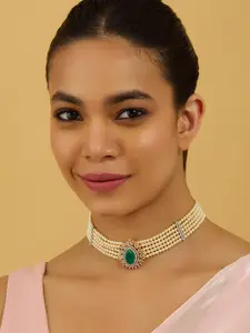 Kushal's Fashion Jewellery Rhodium Gold-Plated Cubic Zirconia Studded & Beaded Necklace