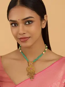 Kushal's Fashion Jewellery Gold-Plated Stone Studded & Beaded Antique Necklace