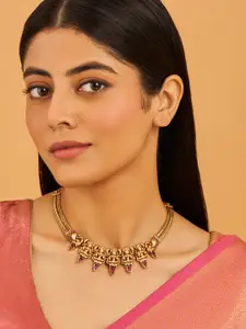 Kushal's Fashion Jewellery Gold-Plated Artificial Stones Studded Antique Necklace