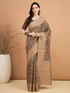 Saree mall Floral Kantha Work Silk Blend Tussar Sarees