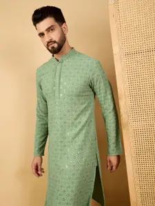 House of Pataudi Embroidered Sequinned Mandarin Collar Straight Kurta