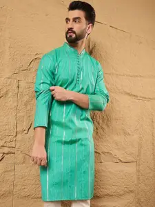 House of Pataudi Men Sequin Embroidered Cotton Straight Kurta