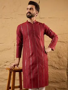 House of Pataudi Men Striped Embellished Sequins Detail Cotton Straight Kurta