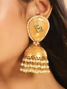 Yinara Gold-Plated Artificial Stones Studded & Beaded Dome Shaped Jhumkas