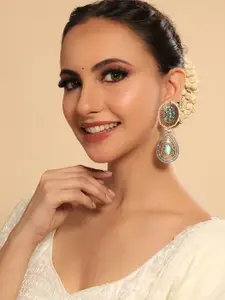 Yinara Gold-Plated Artificial Stones Studded & Beaded Teardrop Shaped Drop Earrings