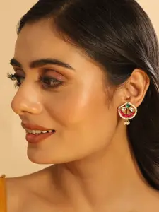 Yinara Gold-Plated Artificial Stones Studded & Beaded Crescent Shaped Drop Earrings