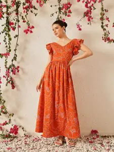 STREET 9 Floral Print Flutter Sleeve Crepe Peplum Dress