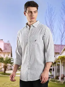 Nautica Men Vertical Striped Spread Collar Premium Fit Linen Casual Shirt