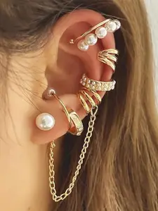 OOMPH Set Of 8 Artificial Beaded Contemporary Shaped Ear Cuff