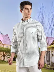Nautica Men Vertical Striped Spread Collar Premium Fit Linen Casual Shirt