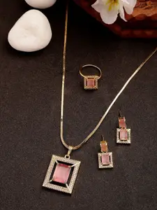 Anouk Women Gold-Plated Pink American Diamond-Studded Pendant Set with Ring