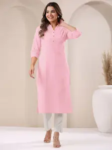 Janasya Women's Pink Linen Cotton Solid Straight Kurta