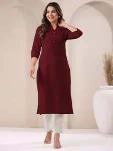 Janasya Women's Maroon Linen Cotton Solid Straight Kurta