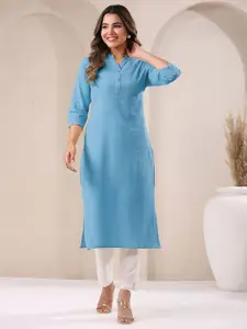 Janasya Women's Light Blue Linen Cotton Solid Straight Kurta
