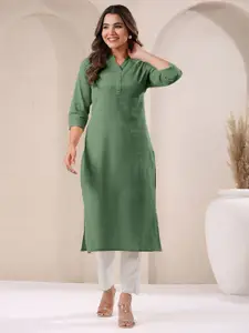 Janasya Women's Green Linen Cotton Solid Straight Kurta