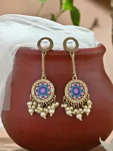 Fida Gold -Toned Multicolor Circular Mandala  With Pearls Drop & Dangler Earrings