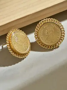 Fida Brass Gold-Plated Queen Victoria Coin Motif Circular  Stud Earrings