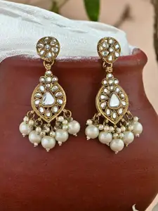 Fida Gold Plated Bridal Teardrop White Kundan Stone & Pearls Drop Earrings