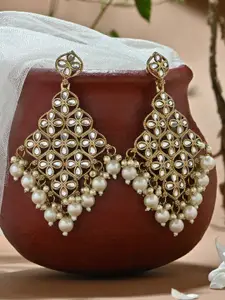 Fida Gold-Toned Bridal White Kundan Pearl Drop Earrings