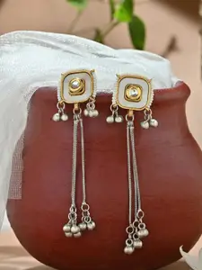 Fida Silver Plated Square Shaped Tasselled Beaded Long Drop Earrings