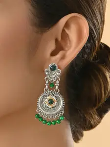 Fida Silver-Plated Bridal Green Stones & Droplets Round Floral Drop Earrings